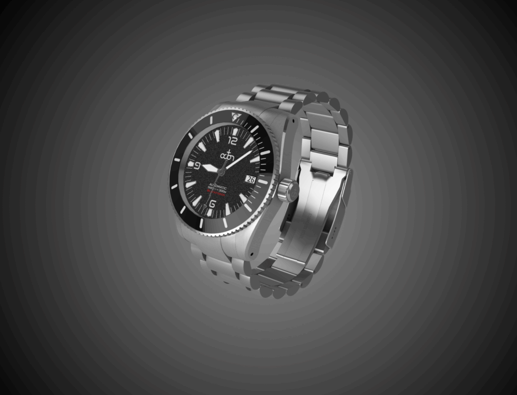 Photoreal 3D render of the Octon Blackfisken automatic watch — stainless steel bracelet, black dial, and rotating bezel — created by goroll.uk for an interactive Web3D presentation.
