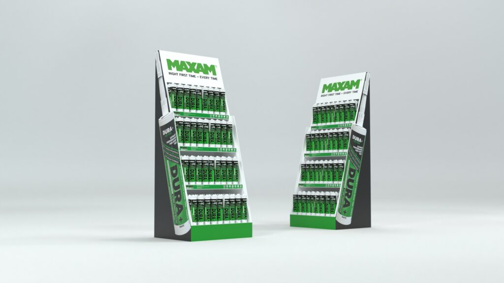 MAXAM DURA retail stand – angled side perspective showing product arrangement