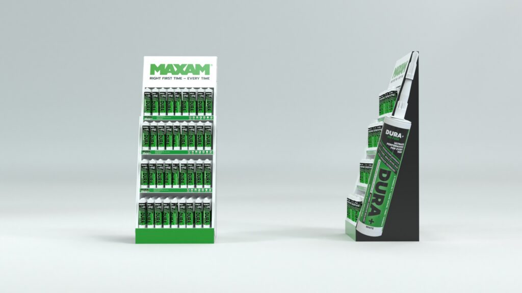 MAXAM DURA first display design – front and side view of product stand filled with sealant tubes