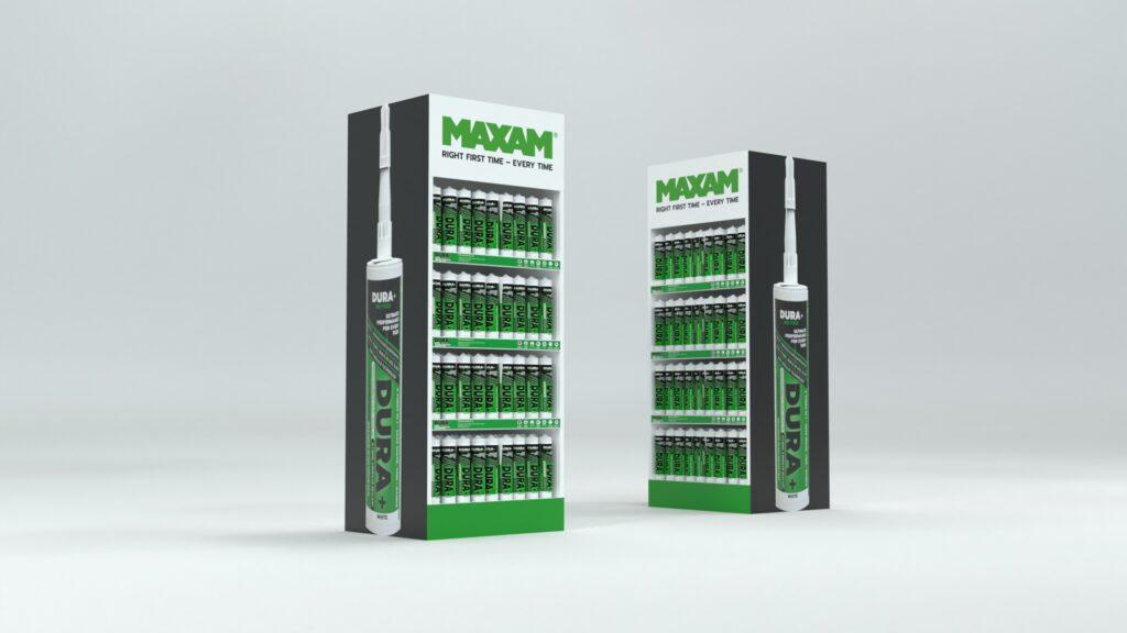 MAXAM DURA display second design version showing front and angled retail stand view