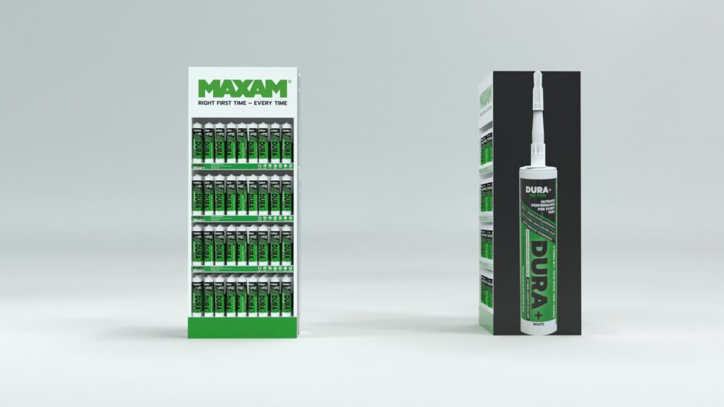 MAXAM DURA display design second iteration viewed from angle showing side branding