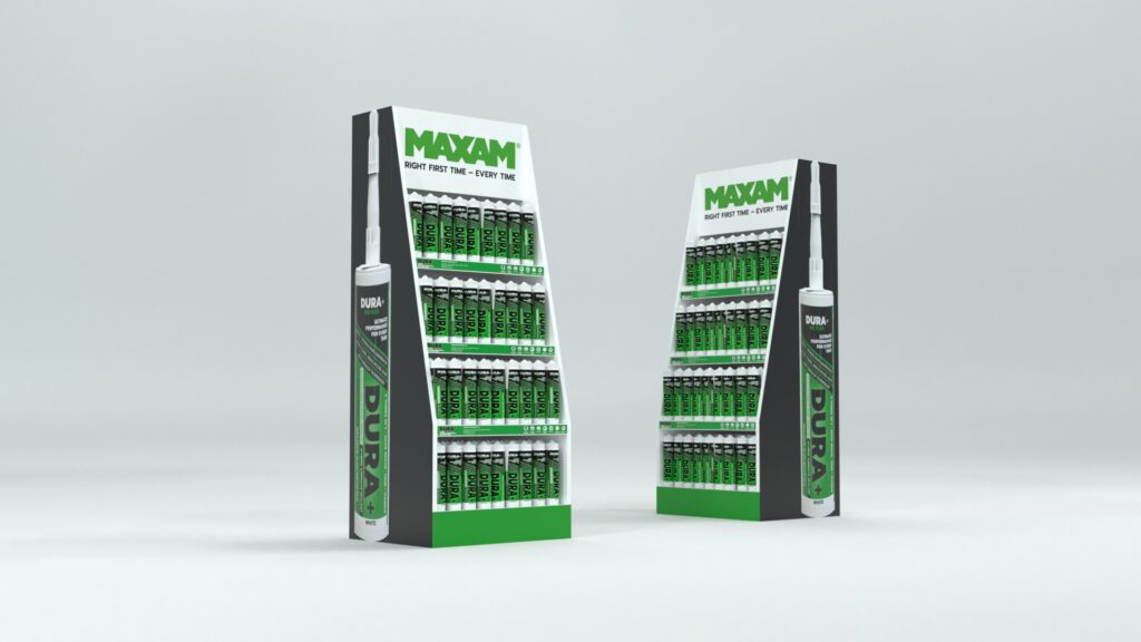 MAXAM DURA display third design iteration showing improved shape and product layout