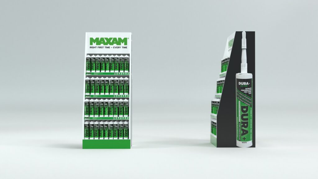MAXAM DURA retail stand third version viewed from angle showing product shelves and branding