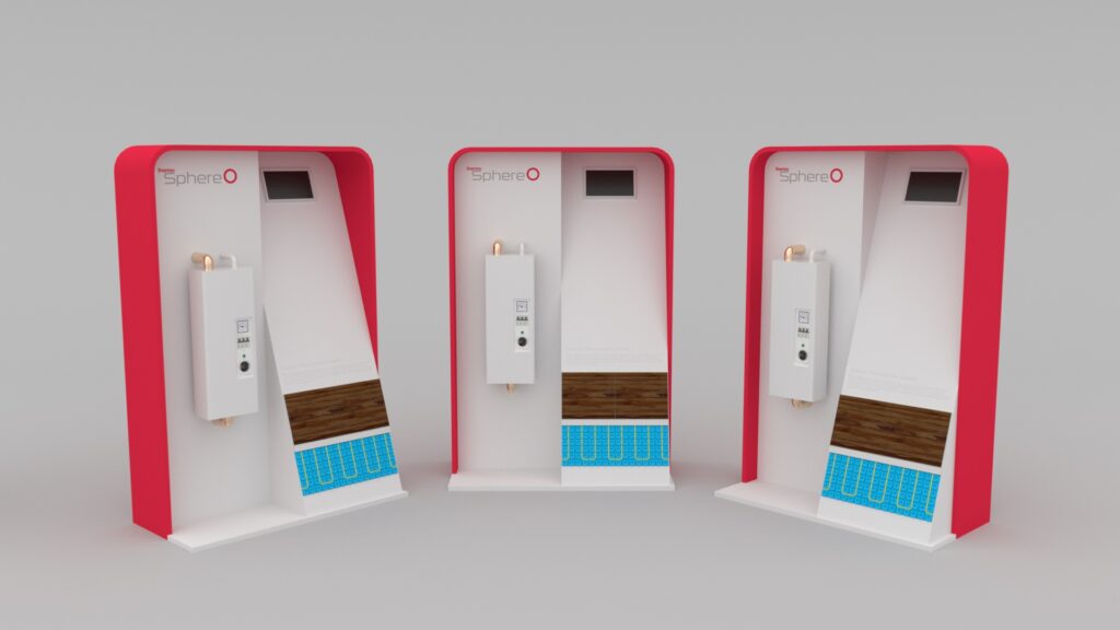 ThermoSphere freestanding POS display visualization with modular red frame and 10-inch screen