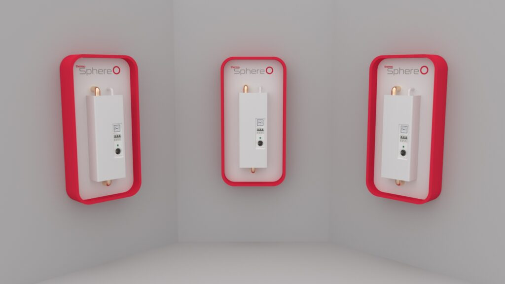 ThermoSphere wall-mounted POS display with heating unit and copper detailing Title: ThermoSphere Wall-Mounted Display – Retail Fixture Visualization