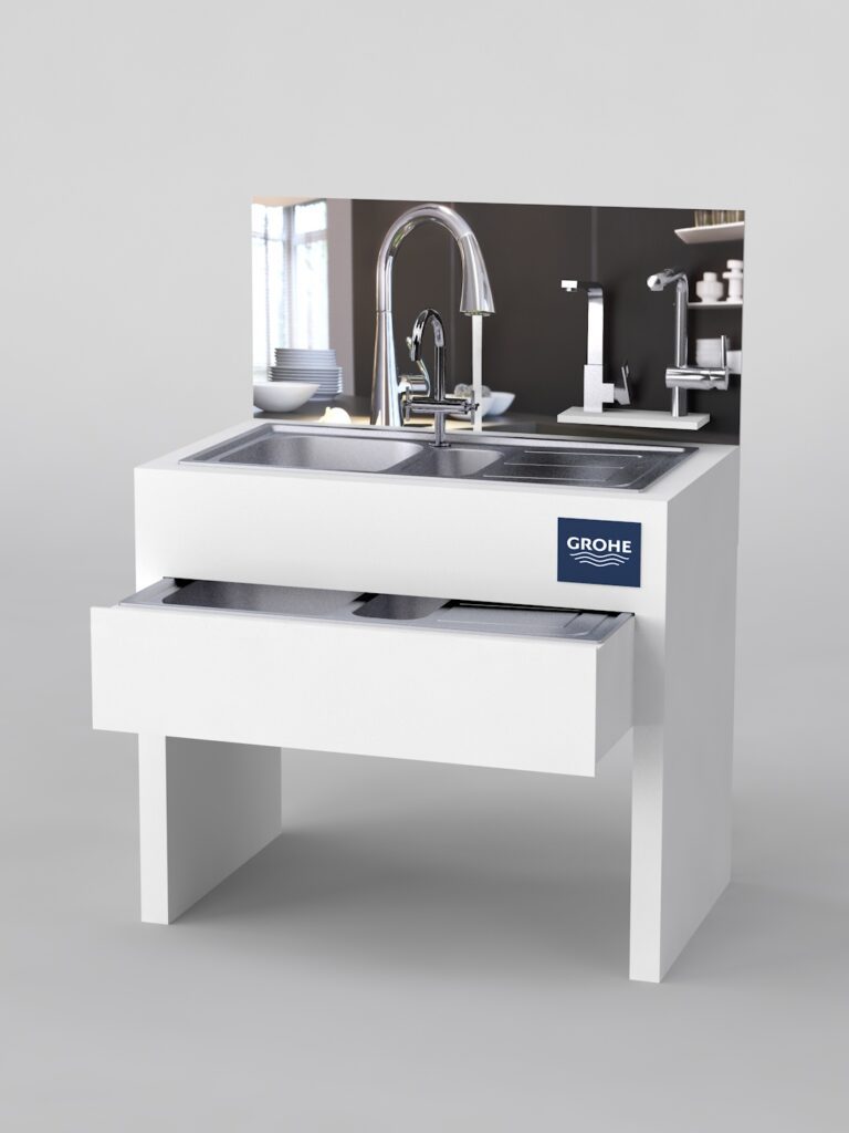Grohe sink display with dual-basin and chrome tap visualization