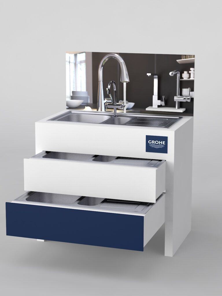 Grohe sink display with two functional drawers for product storage and presentation