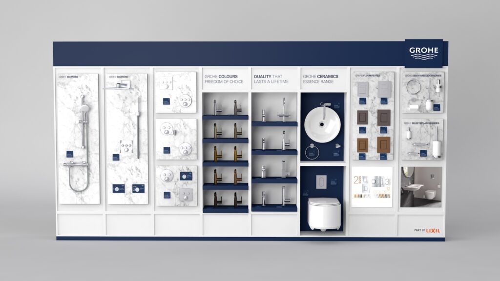 Full Grohe showroom wall display visualization with taps, showers, and ceramics