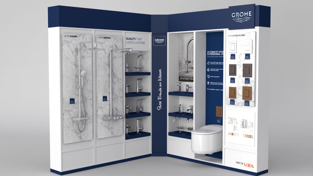 Grohe corner retail display with shower and faucet modules