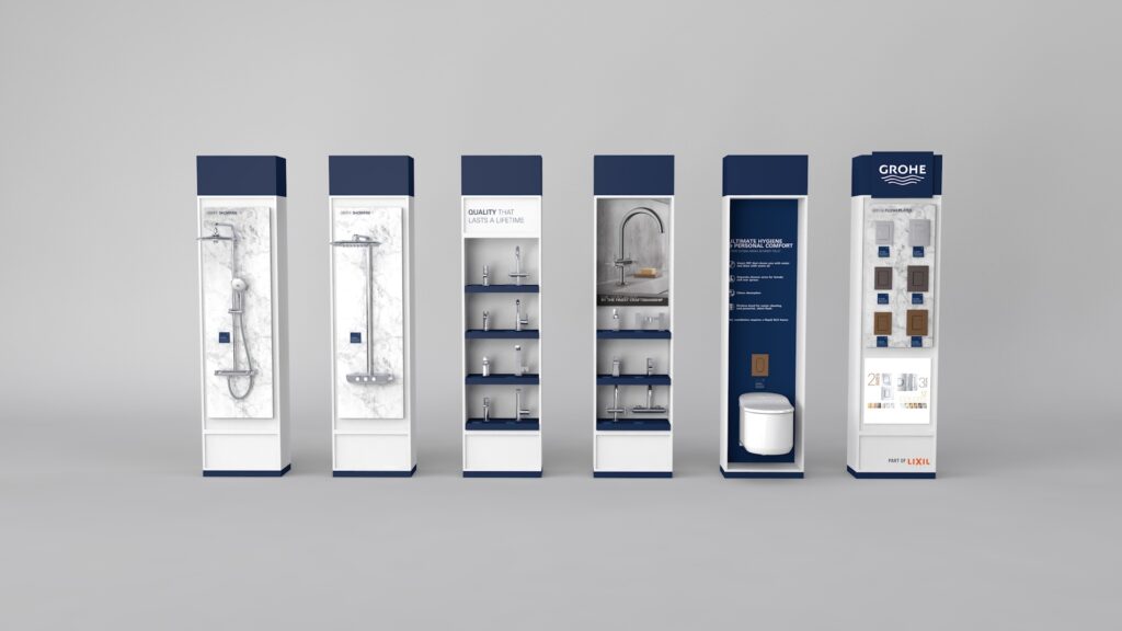 Modular Grohe retail display set shown as separated components for presentation